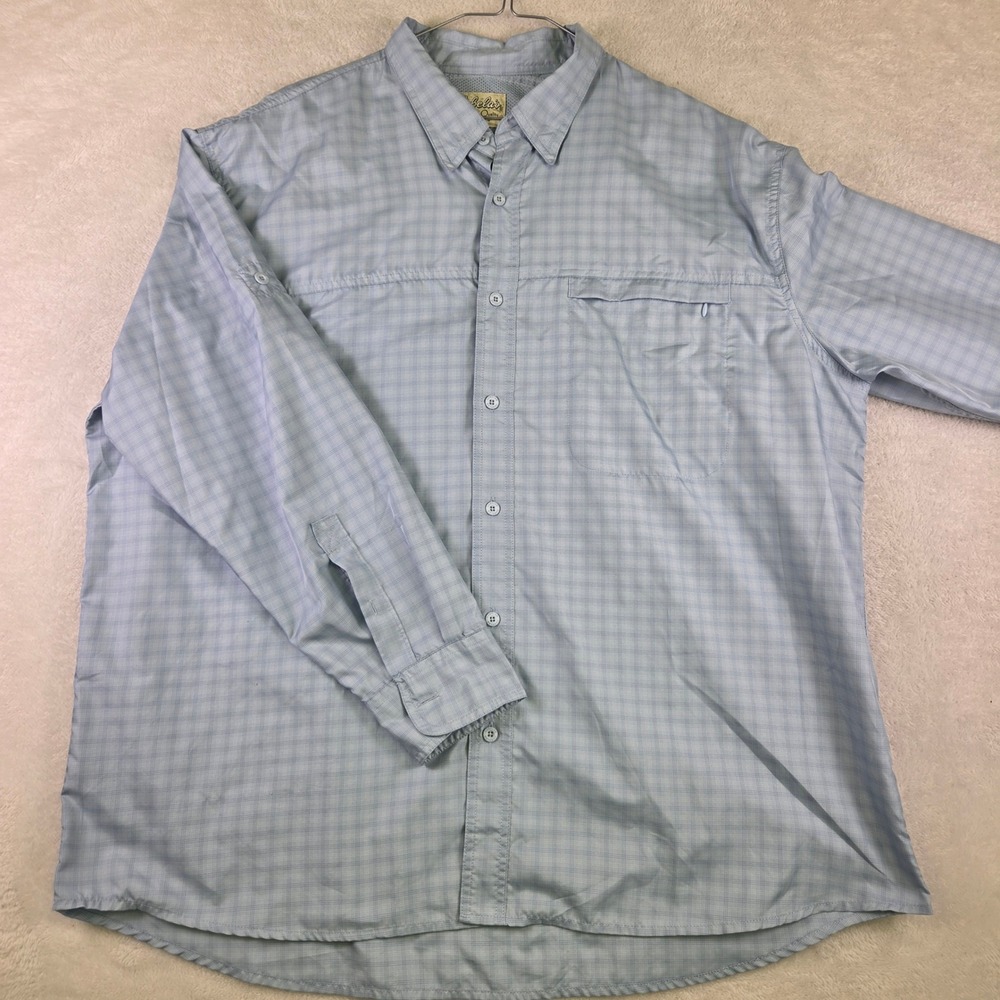 Cabelas Mens 2XL Blue Micro Plaid Long Sleeve Fishing Hiking Shirt 956359